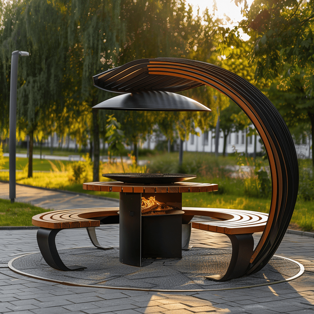 Современная беседка с металлическими скамьями и встроенным грилем в парковой зоне на открытом воздухе.